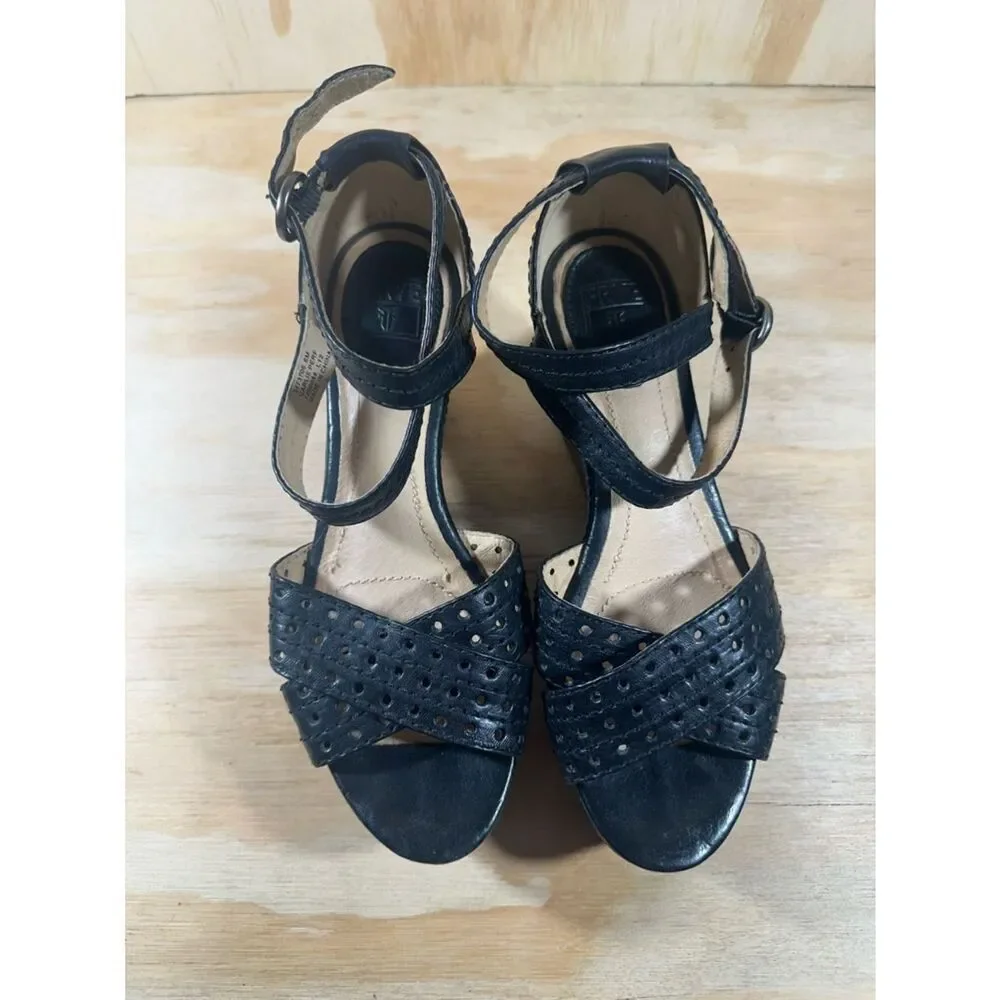Frye Carlie Black Leather Wedge Sandals Women’s Size 6